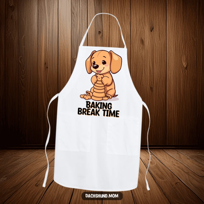 Funny Dachshund Biscuits Apron: Dachshund cub balancing dog biscuits. Humorous and practical kitchen wear.