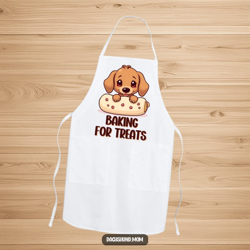 Funny Dachshund Apron: A kawaii dachshund peeking from behind a large treat, perfect for kitchen fun.