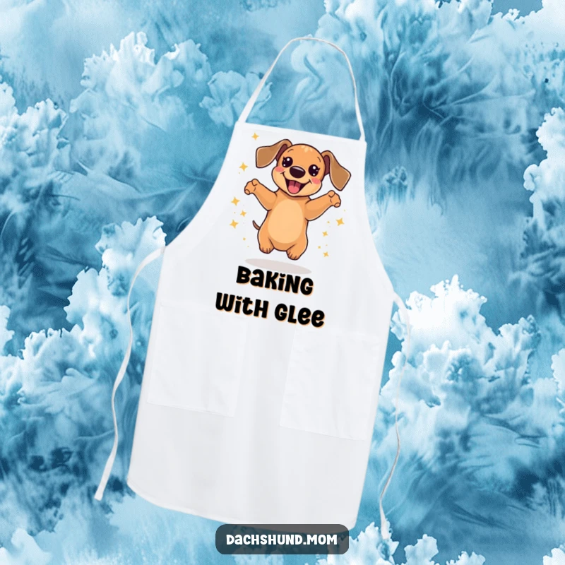 Funny Kawaii Dachshund Apron featuring a dog joyfully jumping amidst dazzling sparkles, a fun kitchen gift.