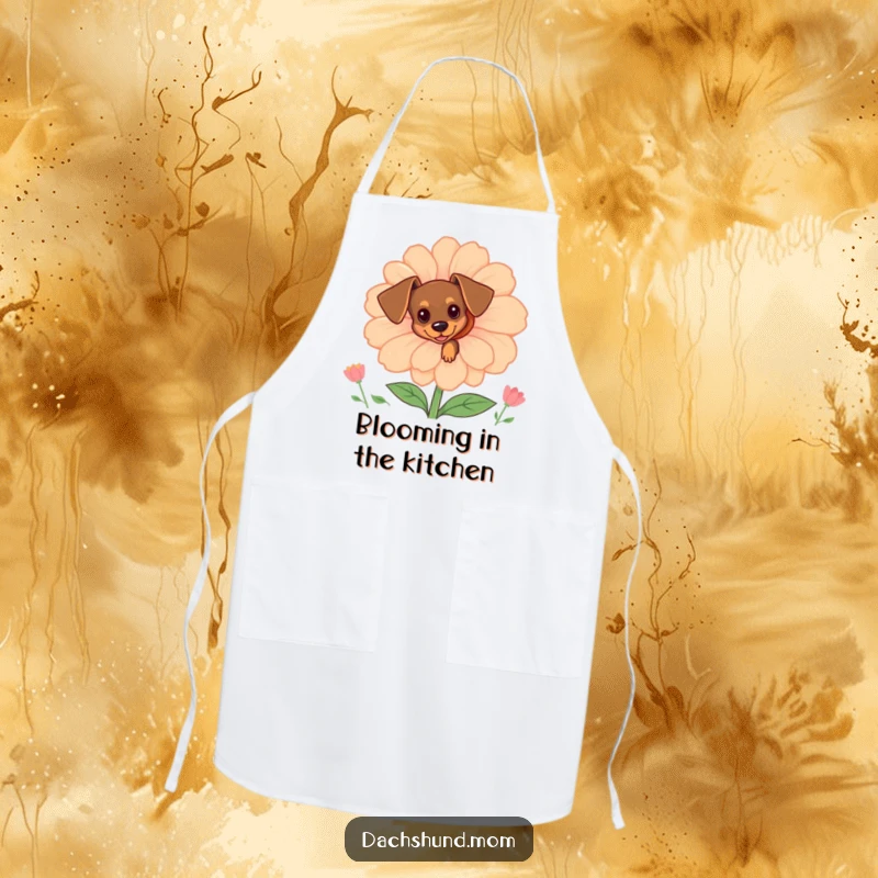 Funny tiny dachshund peeking from behind a large flower on a kitchen apron, adding humor and charm.