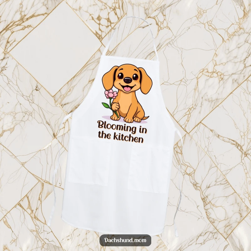 Funny Kawaii Dachshund Apron with a smiling dog offering a flower, perfect for cooking and baking with added charm. Cute kitchen gift.
