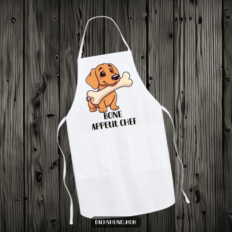 Funny kitchen apron depicting a dachshunds possessively guarding a comically large bone during cooking or baking.