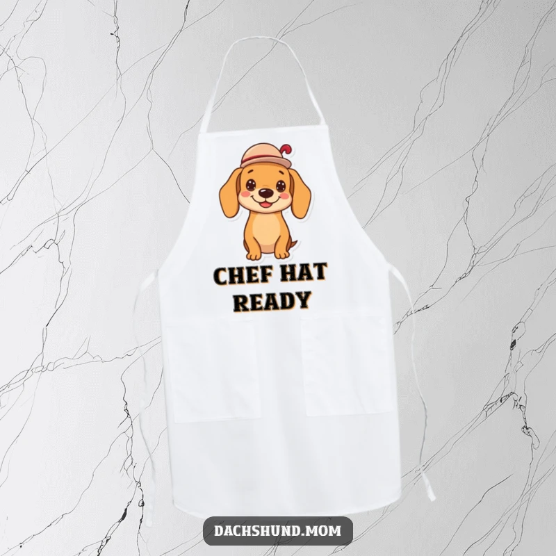 Funny kawaii dachshund apron, tipping a small hat with a cheerful grin, perfect for adding polite humor to cooking and baking, a great gift.