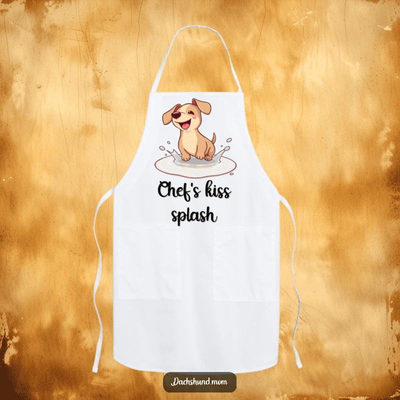Funny Dachshund Apron: A cute kawaii dachshund joyfully splashing in a tiny puddle, adding humor to culinary adventures.