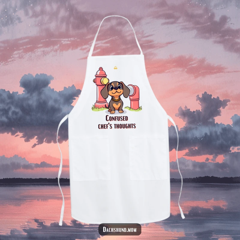 Funny Kawaii Dachshund Apron: A cute dog looks up with bewilderment at a giant fire hydrant, ready for an adventure.