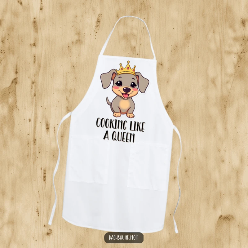 Funny kawaii dachshund wearing a crown and wagging its tail on a kitchen apron, bringing royal humor.