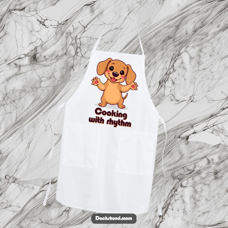 Funny Kawaii Dachshund Apron: A dancing dachshund with paws in the air, ready to cook and boogie with cheerful energy.