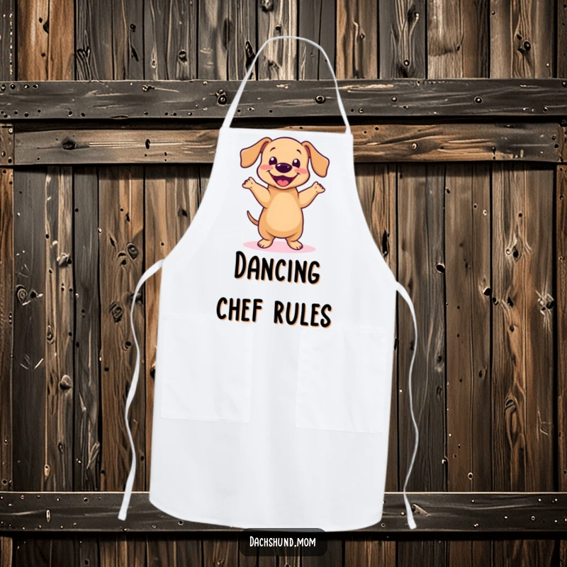 Funny Kawaii Dachshund Dance Apron: A cute dachshund does a happy little dance, for cooking, gift.