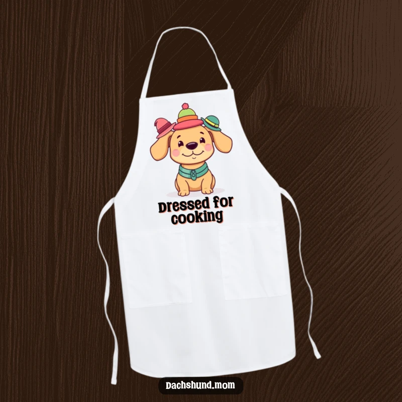 Funny Kawaii Dachshund Apron showing a dog balancing a whimsical tower of various small hats.