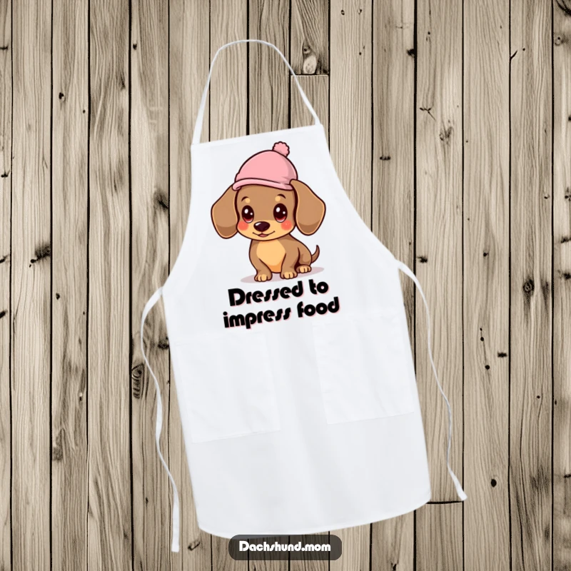 Funny Kawaii Dachshund Apron, a cute dog wearing a hat, perfect for kitchen duties with a fashionable, funny touch.