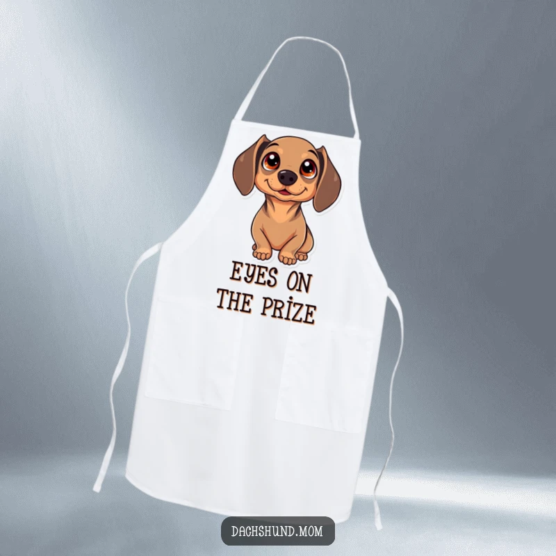 Funny Kawaii Dachshund Apron, featuring a dog with large sparkling eyes expressing delightful wonder while cooking, a perfect gift.
