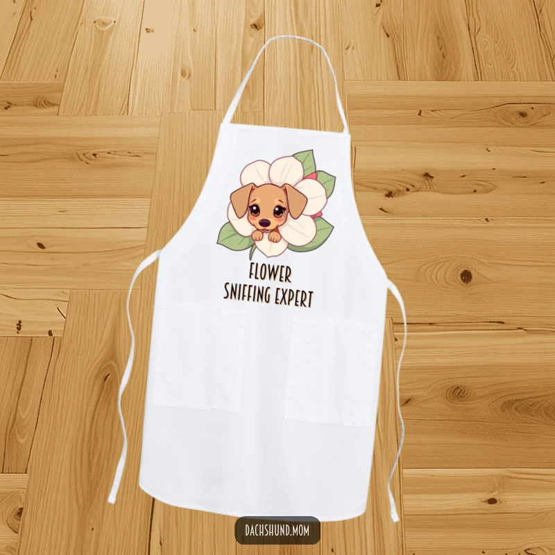 Funny Kawaii dachshund apron showing a small dog peeking from behind a flower, perfect for a joyful cooking experience.