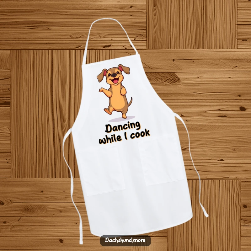 Funny cute dachshund character doing a clumsy dance move on a kitchen apron, adding humor and charm.