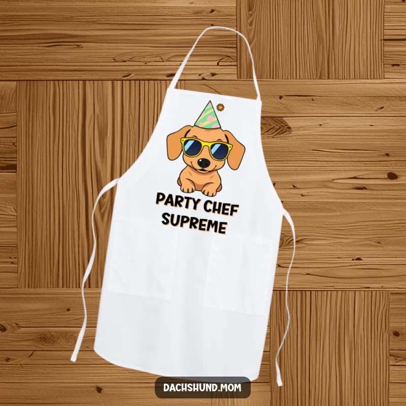 Funny kitchen apron depicting a dachshund wearing tiny sunglasses and a party hat, ready for a festive cooking session.
