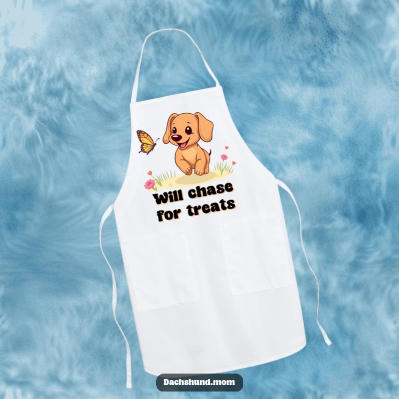 Funny Dachshund puppy apron, a happy dog chasing a butterfly, ideal for cooking enthusiasts.