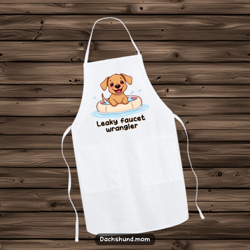 Funny Dachshund puppy apron, a happy dog splashing water in a kiddie pool, great for cooking.