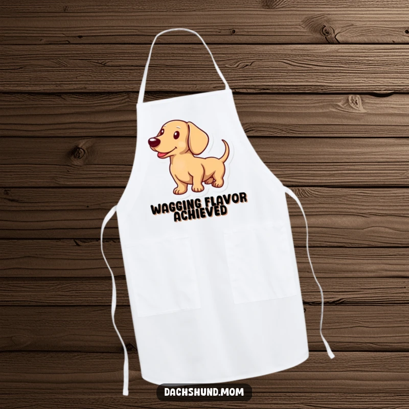 Funny kitchen apron illustrating a dachshunds tail in constant motion, wagging happily during cooking or baking.