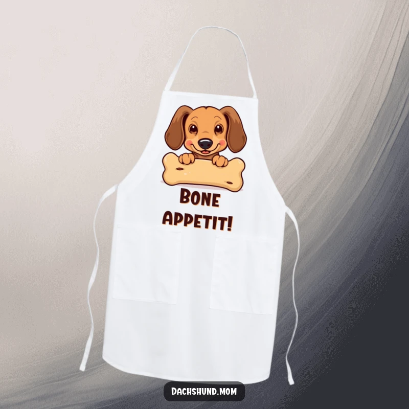 Funny Kawaii Dachshund Apron: a cute, excited dachshund with flapping ears peeking over a large bone, designed for a fun kitchen.