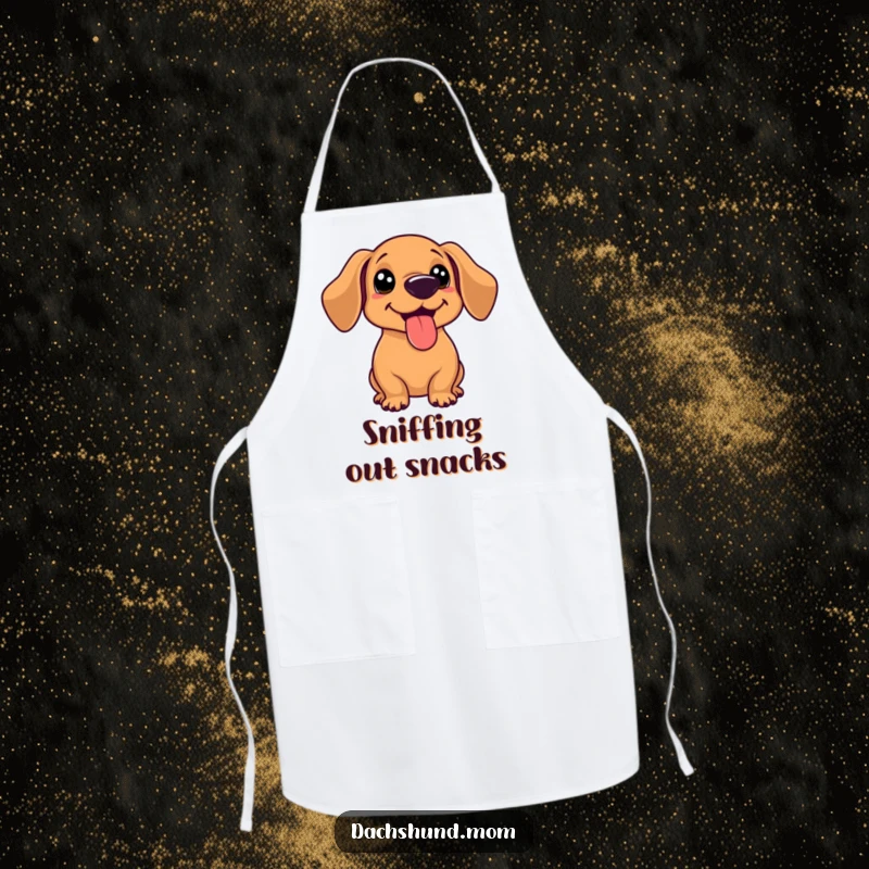 Funny kawaii dachshund with tongue out, panting happily after a game, on a durable kitchen apron.