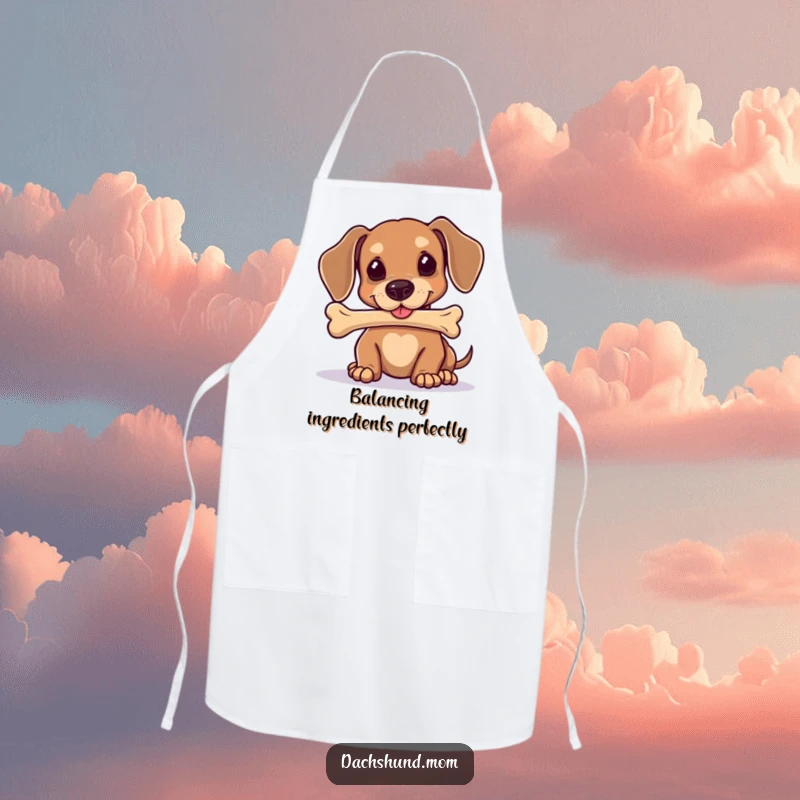 Funny Kawaii Dachshund Apron: A cute dog intensely balances a bone on its nose, ready for kitchen challenges and culinary feats.