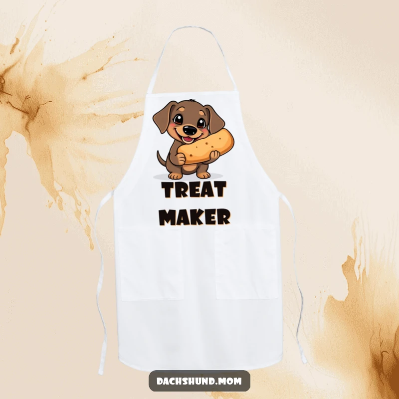 Funny Kawaii Dachshund Apron: a goofy dachshund with a big grin holds a comically large treat, designed for a fun and humorous cooking experience.