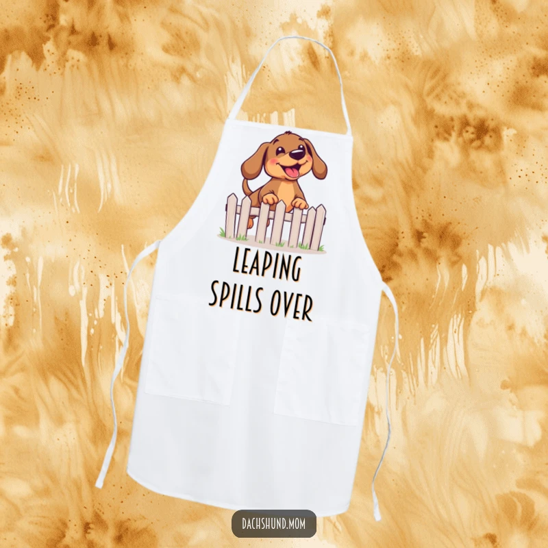 Funny Kawaii Dachshund Apron showing a dog with a joyful expression leaping over a miniature fence.