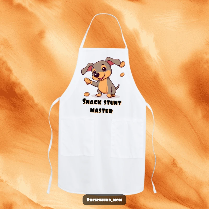 Funny apron showing a kawaii dachshund hilariously attempting to juggle treats, making kitchen duty fun and cute.