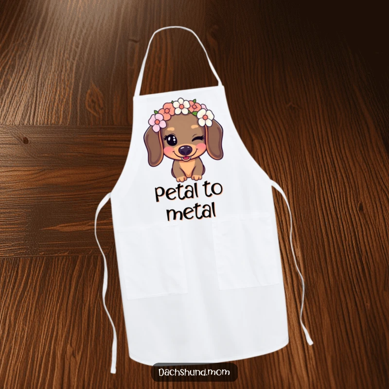Funny Kawaii Dachshund Apron featuring a dog wearing a flower crown and playfully winking, a fun gift for the kitchen.