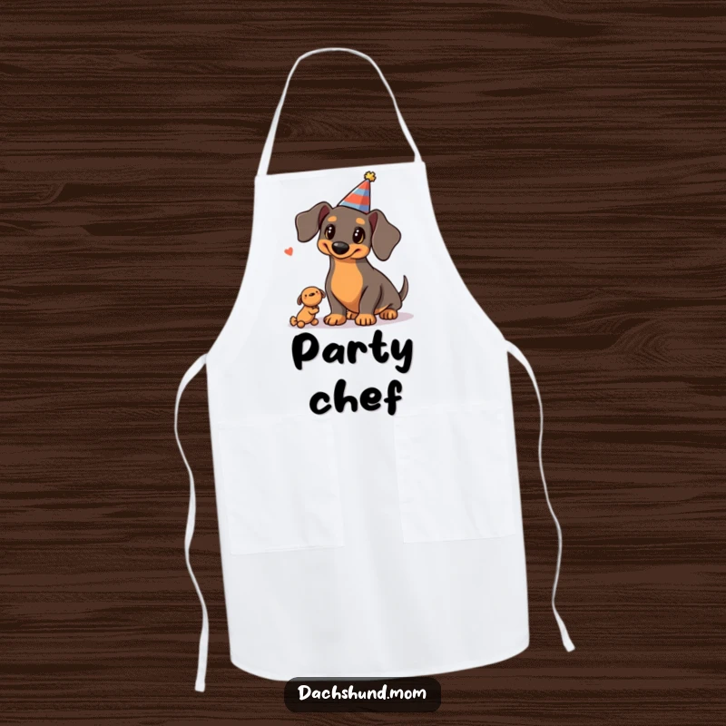 Funny Kawaii Dachshund Apron: a dachshund wearing a party hat juggles three squeaky toys, designed for a fun and festive cooking experience.
