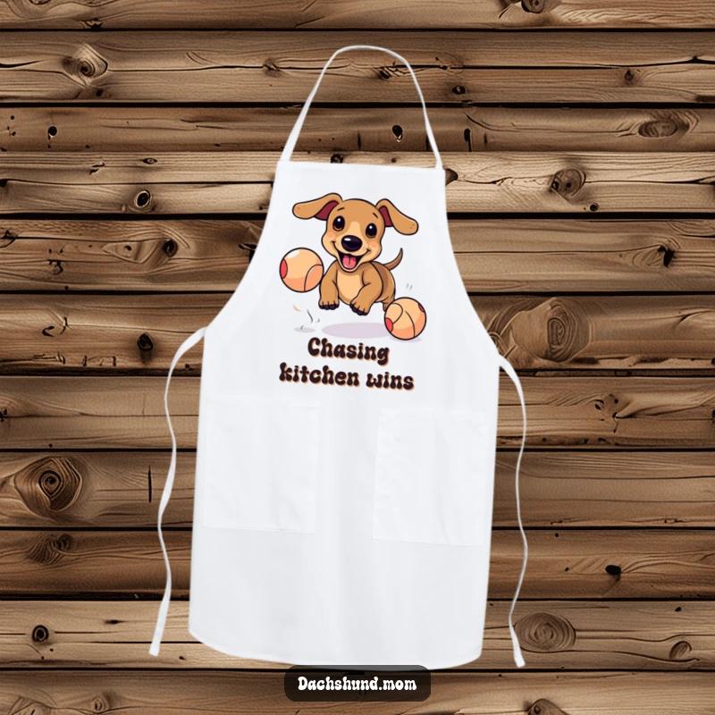 Funny Kawaii Dachshund Apron: Adorable dog excitedly chasing bouncing ball, cute kitchen accessory, playful chef attire.
