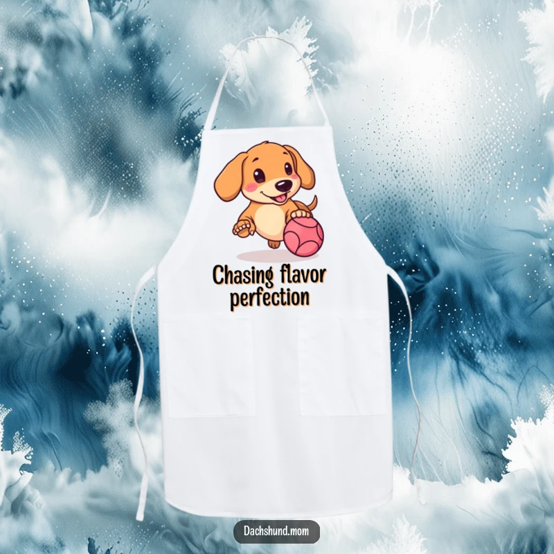 Funny Kawaii Dachshund Apron depicting a rosy-cheeked dog on the move, enthusiastically chasing a bouncing ball.