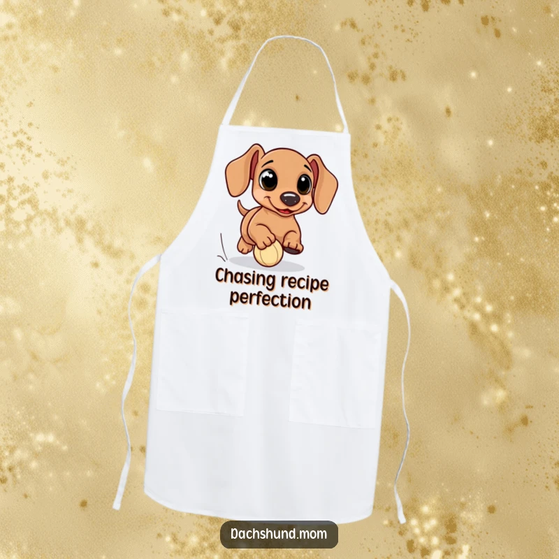 Funny kawaii dachshund apron, with oversized eyes, intensely chasing a small ball, perfect for adding humor to cooking and baking, a great gift.