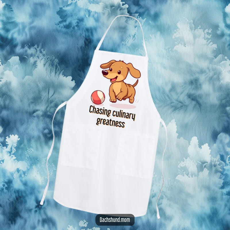 Funny Kawaii Dachshund Apron: Cute doxie wagging its tail, chasing a bouncing ball, a humorous and practical accessory.