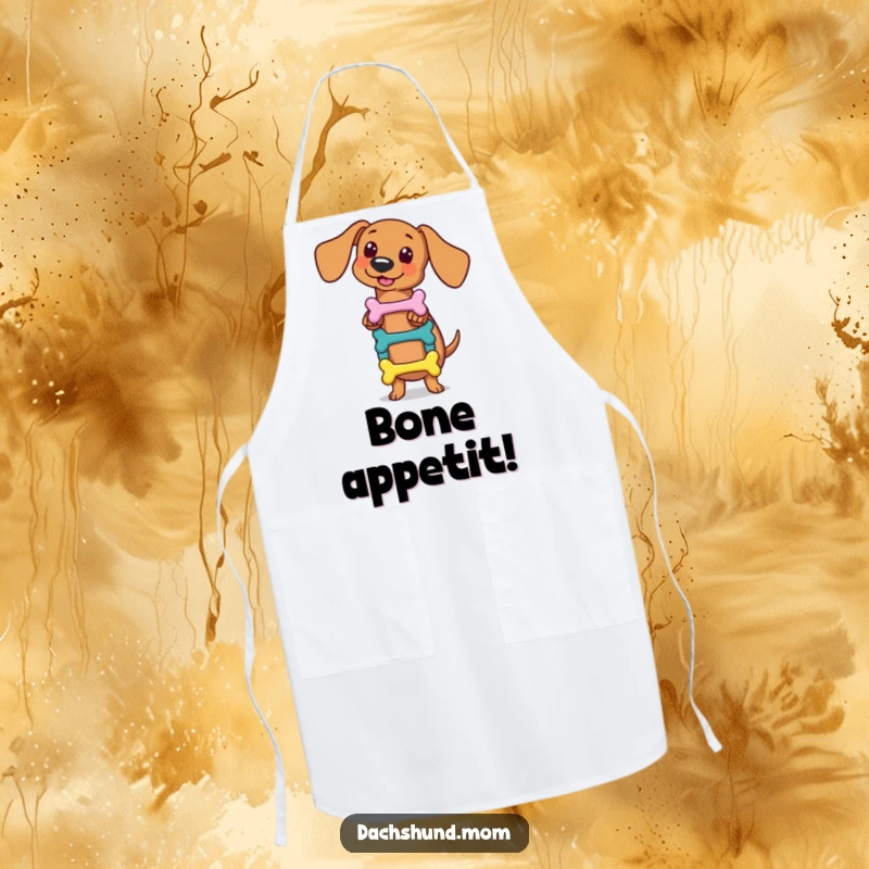 Funny kawaii dachshund apron, skillfully balancing a small stack of colorful bones, perfect for adding humorous skill to cooking, a great gift.