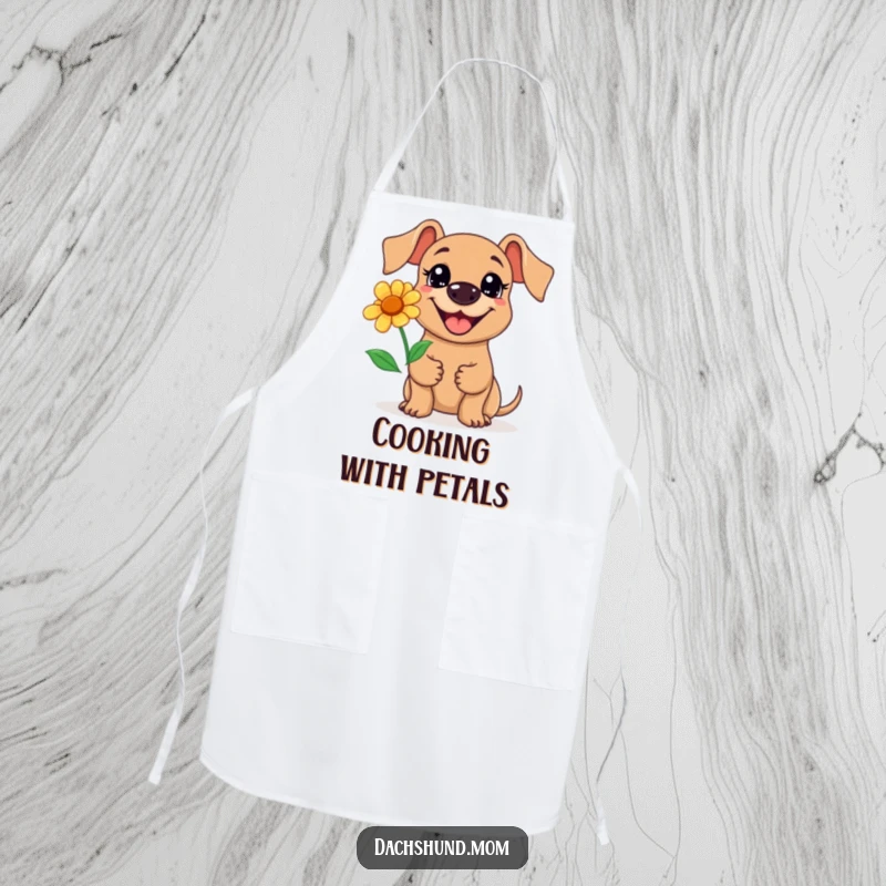 Funny Kawaii Dachshund Flower Apron: A cute dachshund with a big grin holds a flower, for cooking, gift.