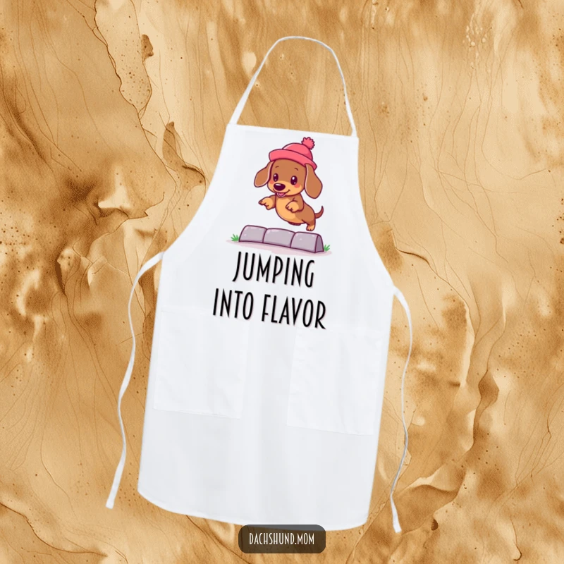 Funny kawaii dachshund in a silly hat, jumping over an obstacle on a kitchen apron, adding humor and charm.