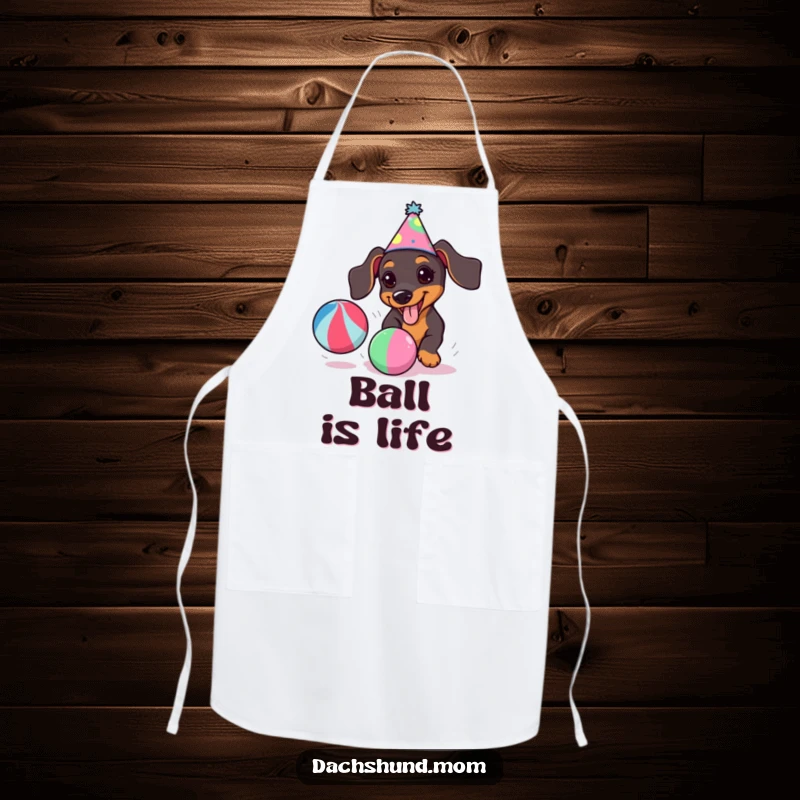 Funny kawaii dachshund in a party hat, joyfully chasing a colorful ball, featured on a kitchen apron.