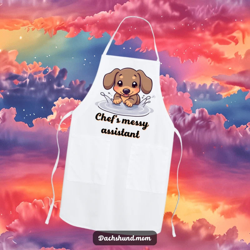 Funny Kawaii Dachshund Apron: A cute dachshund playfully splashes in a puddle, making your cooking experience more enjoyable.