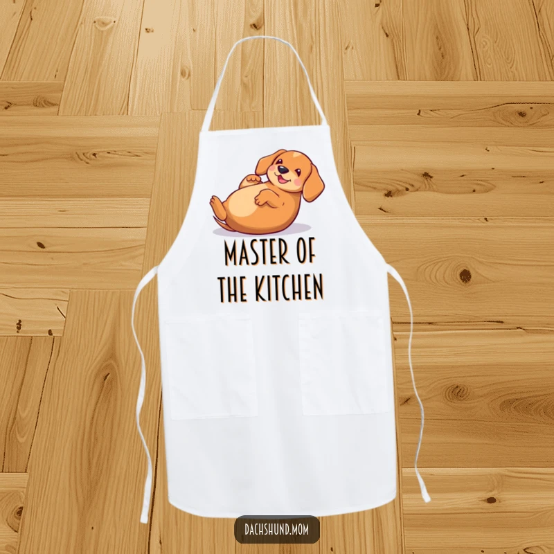 Funny Kawaii Dachshund Apron, a cute dog rolling on its back, adding a humorous touch to kitchen activities.