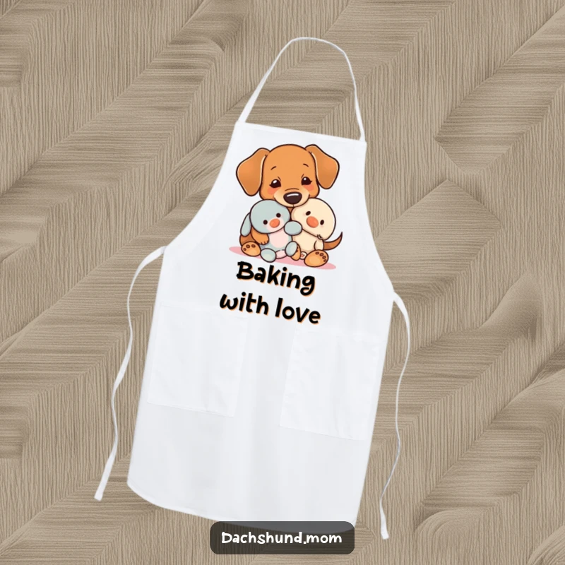 Funny Kawaii Dachshund Apron, a cute dog hugging a toy, adding a heartwarming and humorous touch to cooking.