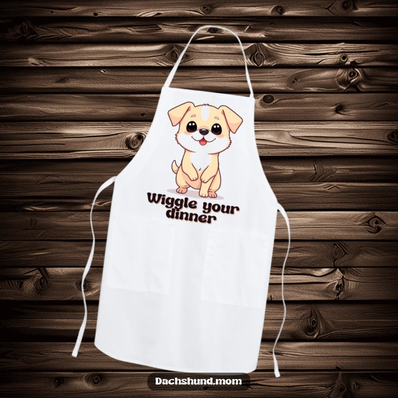 Funny apron showcasing a tiny, long dog with big eyes wiggling its body with cheerful enthusiasm.