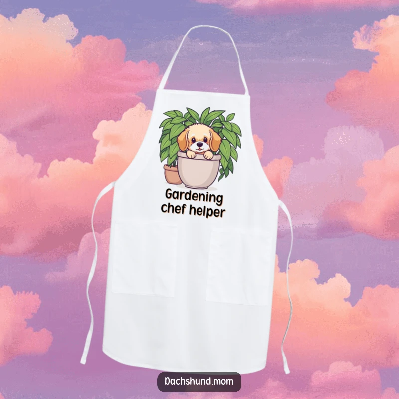 Funny Dachshund Plant Apron: Fluffy Dachshund pup peeking from a plant. Humorous and practical kitchen wear.