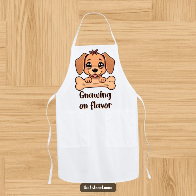 Funny Kawaii Dachshund Apron showing a dog with sparkling eyes peeking from behind a large bone.