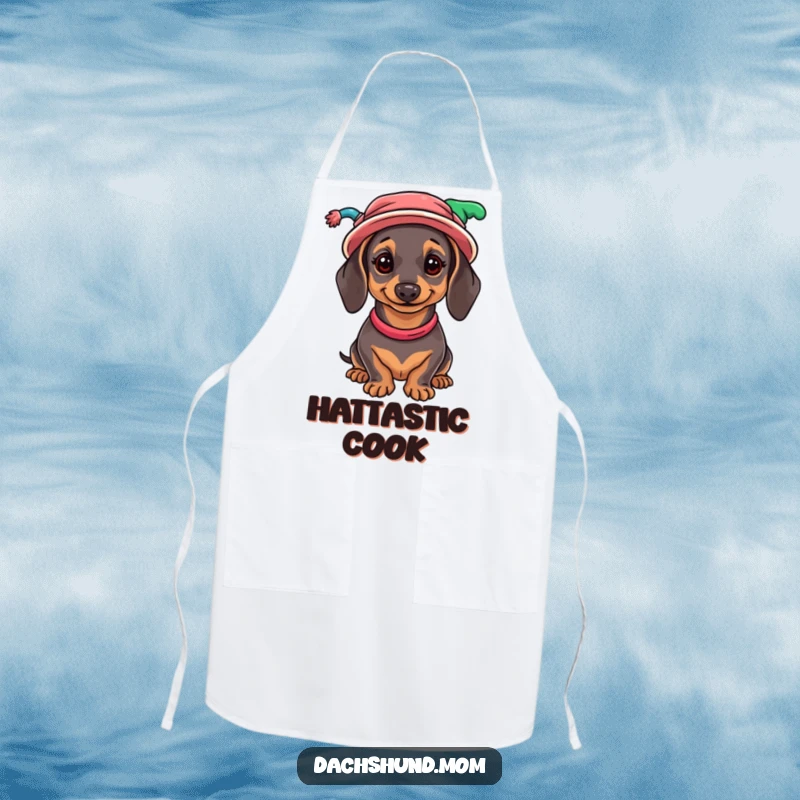 Funny Dachshund Apron: A culinary wiener dog wearing a hilarious array of colorful hats while ready to cook.