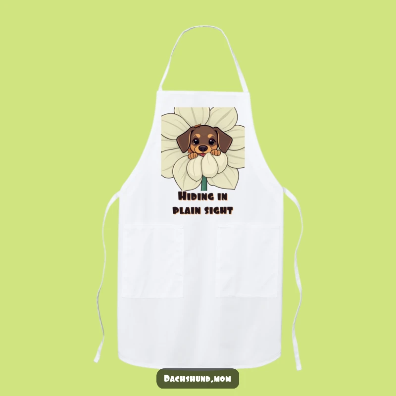Funny Kawaii Dachshund Apron: Curious Pup Behind Flower, Hilarious Kitchen Wear