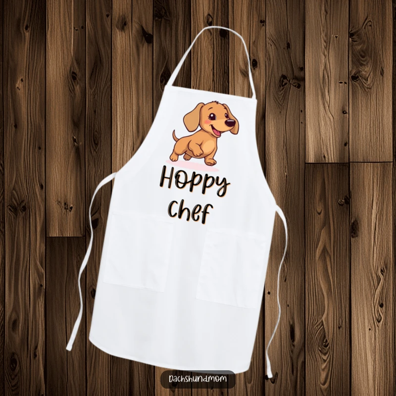 Funny Dachshund Apron: A chef wiener dog shown in a silly hop, ready to bring fun to the kitchen.
