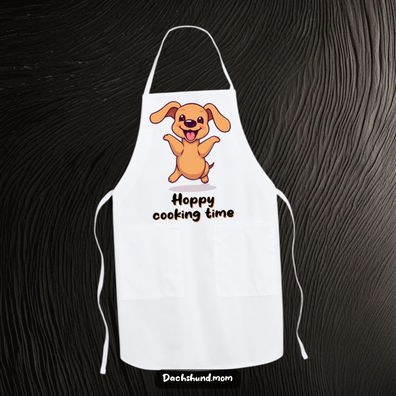 Funny kawaii dachshund apron, doing a joyful hop with its body extended, conveying pure excitement, perfect for adding energy to cooking, a great gift.