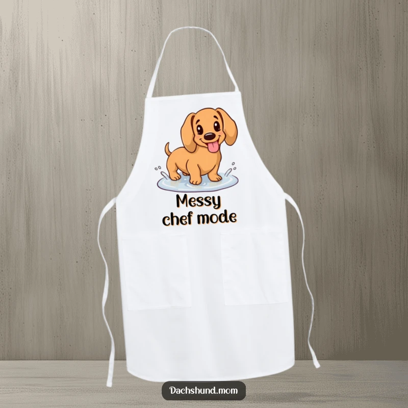 Funny apron featuring a kawaii dachshund happily splashing in a puddle with its tongue out, adding humor to cooking.