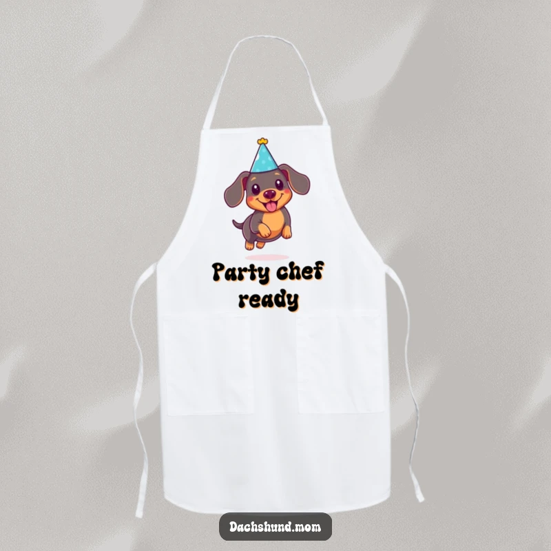 Funny Kawaii Dachshund Apron: Cute doxie wearing a tiny party hat, joyfully leaping, a humorous and practical party accessory.