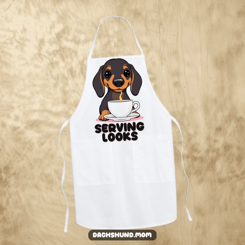 Funny Dachshund Apron: A hilarious wiener dog wearing an apron, expertly balancing a teacup on its nose while cooking.